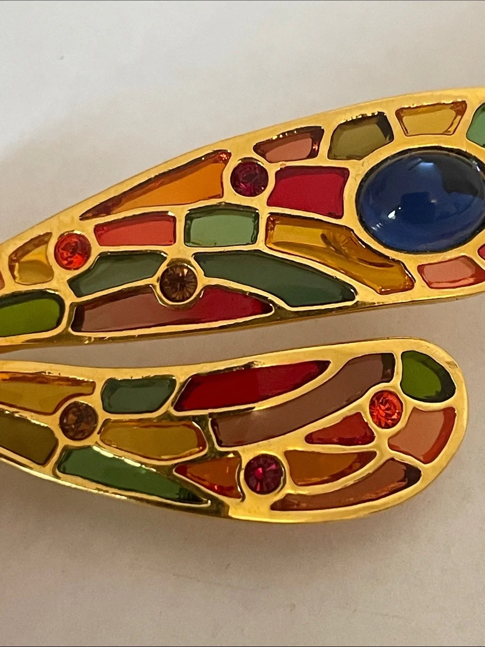 Vintage Joan Rivers Dragonfly Brooch Stained Glass Cabochons Enamel Rhinestones